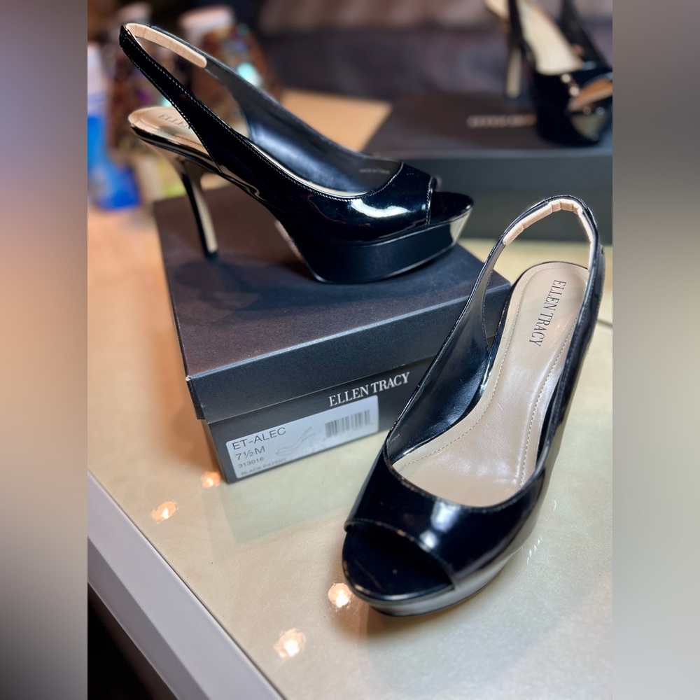 Ellen Tracy Alec Black Patent Platform Dress Shoes Size 7.5